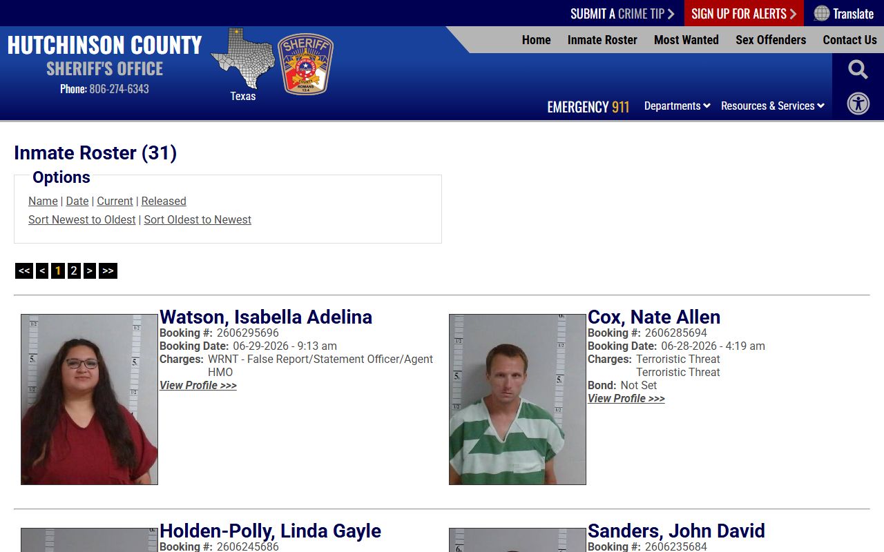 Hutchinson County current inmate roster with booking photos and profile links