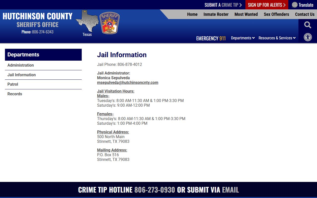 Hutchinson County Sheriff's jail information page showing jail contact and visitation details