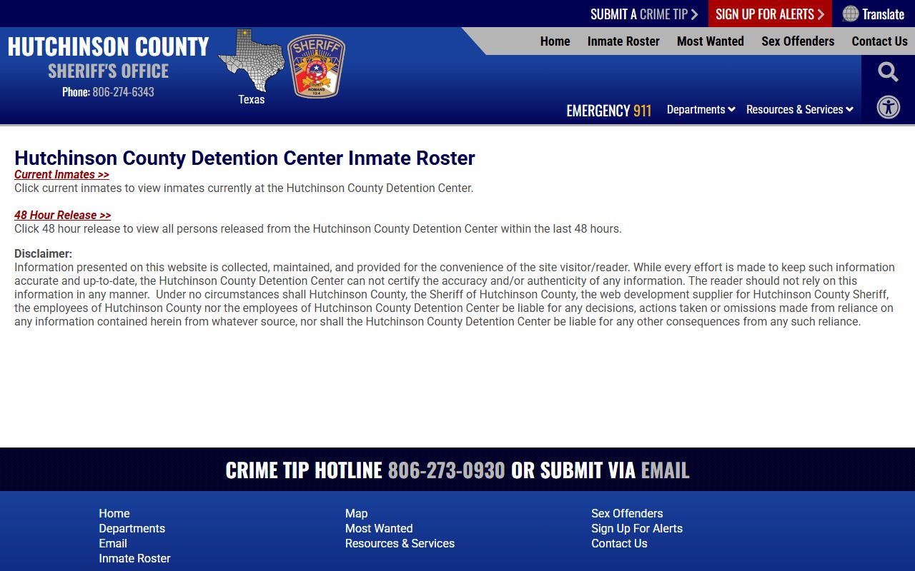 Hutchinson County inmate population roster choice page for current and released inmates