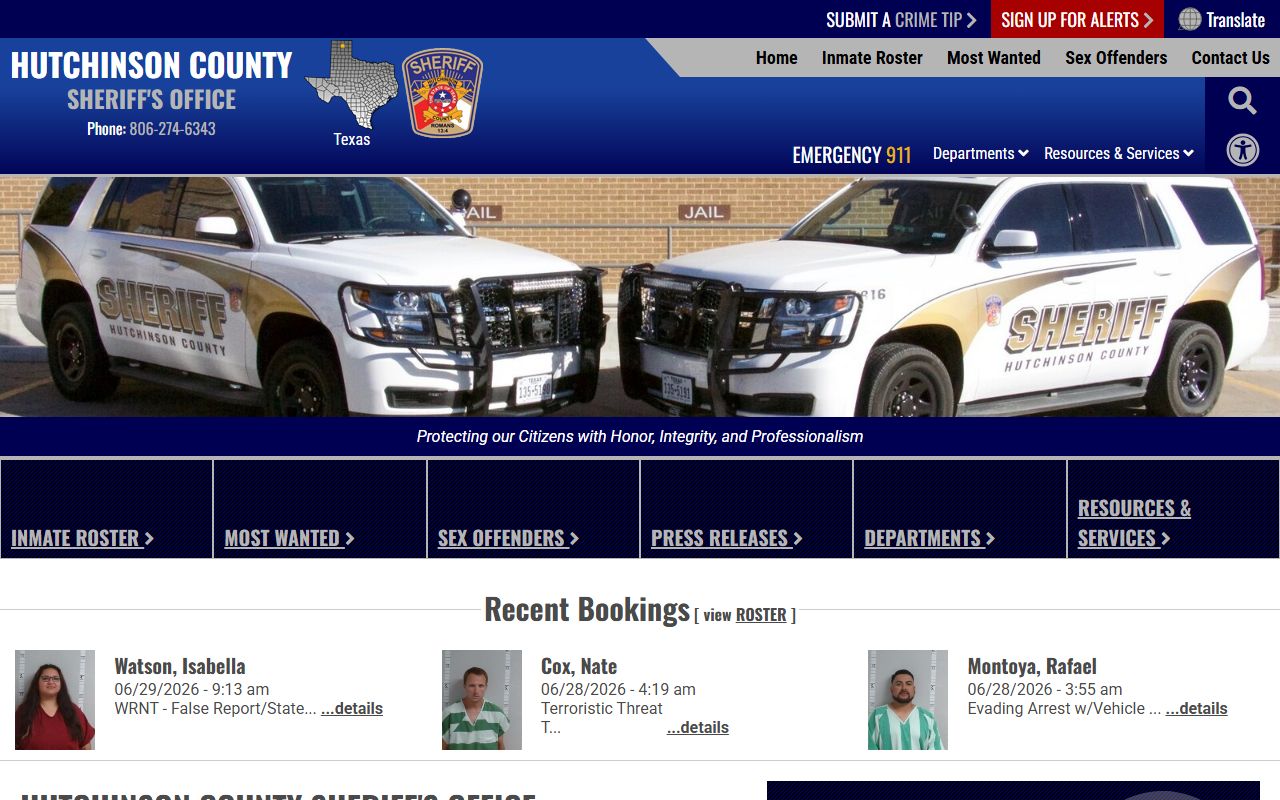 Hutchinson County Sheriff's Office homepage with inmate roster navigation